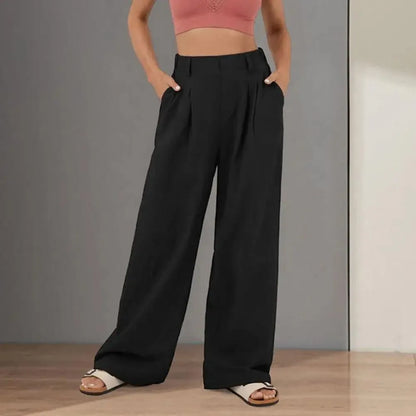 Women's Wide-Leg Trousers - High Waist - Tailored Fit - Pleated Design with Pockets