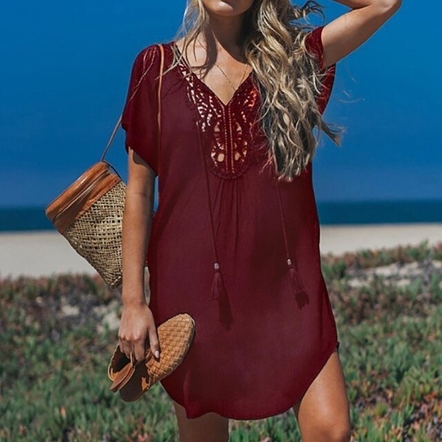 Women’s Swim Cover-Up – Relaxed Fit – Breathable Blend – Crochet V-Neckline
