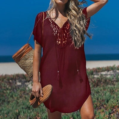 Women’s Swim Cover-Up – Relaxed Fit – Breathable Blend – Crochet V-Neckline
