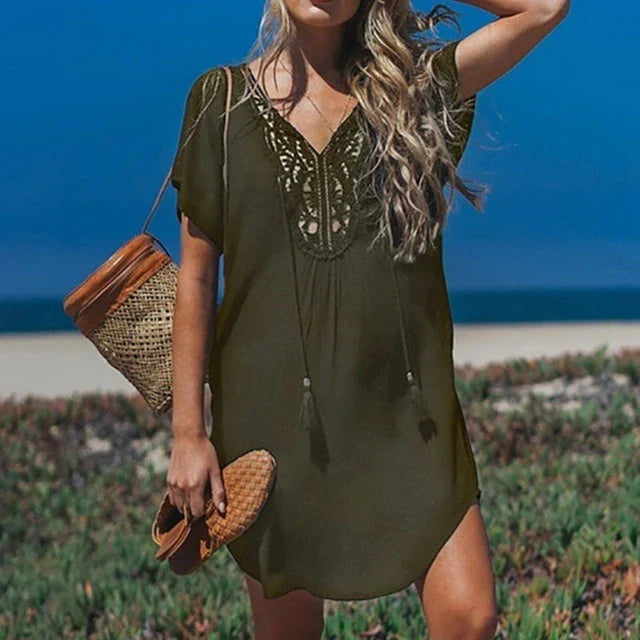 Women’s Swim Cover-Up – Relaxed Fit – Breathable Blend – Crochet V-Neckline