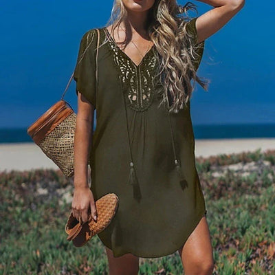 Women’s Swim Cover-Up – Relaxed Fit – Breathable Blend – Crochet V-Neckline