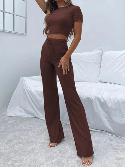 Women's Ribbed Knit Two-Piece Set - Crop Top & High-Waisted Wide-Leg Trousers