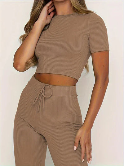 Women's Ribbed Knit Two-Piece Set - Crop Top & High-Waisted Wide-Leg Trousers