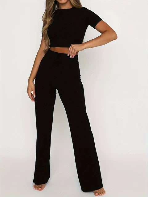 Women's Ribbed Knit Two-Piece Set - Crop Top & High-Waisted Wide-Leg Trousers