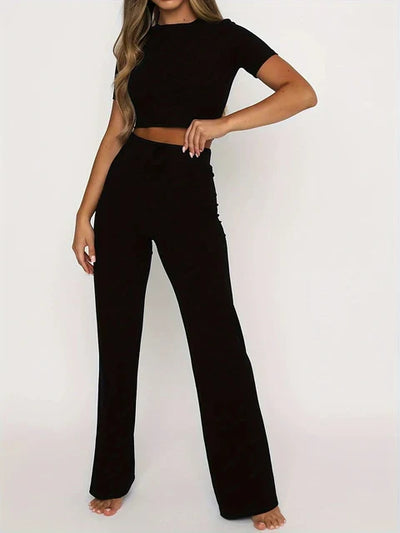 Women's Ribbed Knit Two-Piece Set - Crop Top & High-Waisted Wide-Leg Trousers