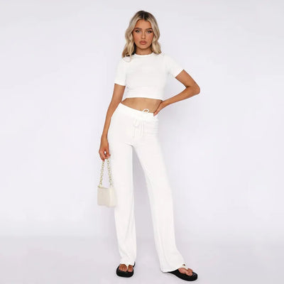 Women's Ribbed Knit Two-Piece Set - Crop Top & High-Waisted Wide-Leg Trousers