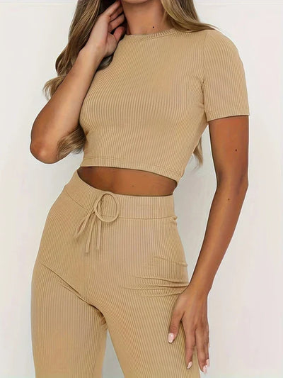 Women's Ribbed Knit Two-Piece Set - Crop Top & High-Waisted Wide-Leg Trousers