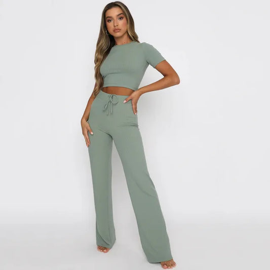 Women's Ribbed Knit Two-Piece Set - Crop Top & High-Waisted Wide-Leg Trousers