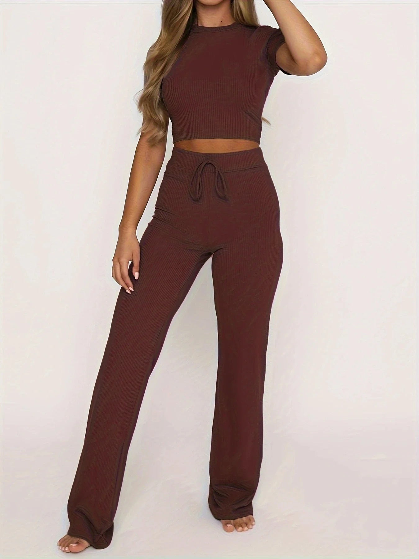 Women's Ribbed Knit Two-Piece Set - Crop Top & High-Waisted Wide-Leg Trousers
