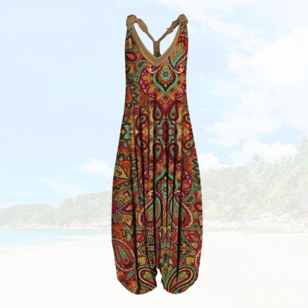 Women’s Jumpsuit – Relaxed Fit – Sleeveless – Printed Pattern – Full Length Breathable Blend