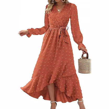 Women's Wrap Dress - V-Neck - Long Sleeve - Tie Waist - High-Low Hem - Floral Print