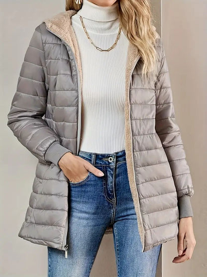 Women’s Quilted Jacket – Relaxed Fit – Fleece Lined – Hooded – Ribbed Cuffs – Zip Front