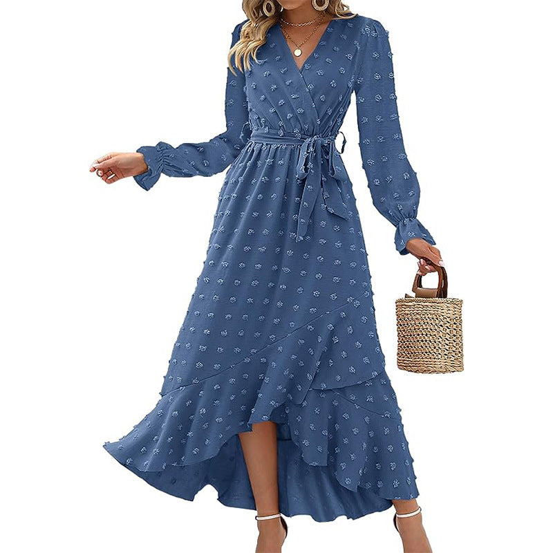 Women's Wrap Dress - V-Neck - Long Sleeve - Tie Waist - High-Low Hem - Floral Print