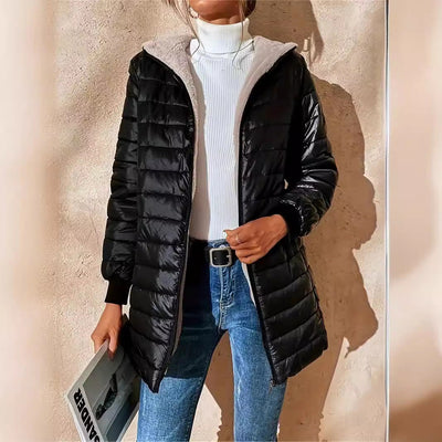 Women’s Quilted Jacket – Relaxed Fit – Fleece Lined – Hooded – Ribbed Cuffs – Zip Front