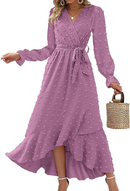 Women's Wrap Dress - V-Neck - Long Sleeve - Tie Waist - High-Low Hem - Floral Print