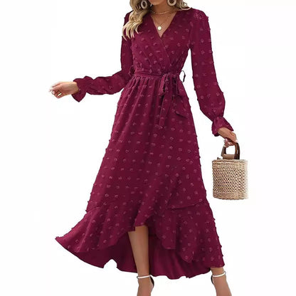 Women's Wrap Dress - V-Neck - Long Sleeve - Tie Waist - High-Low Hem - Floral Print