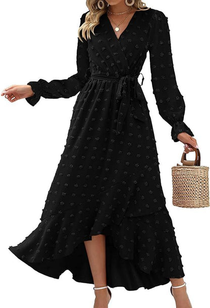 Women's Wrap Dress - V-Neck - Long Sleeve - Tie Waist - High-Low Hem - Floral Print