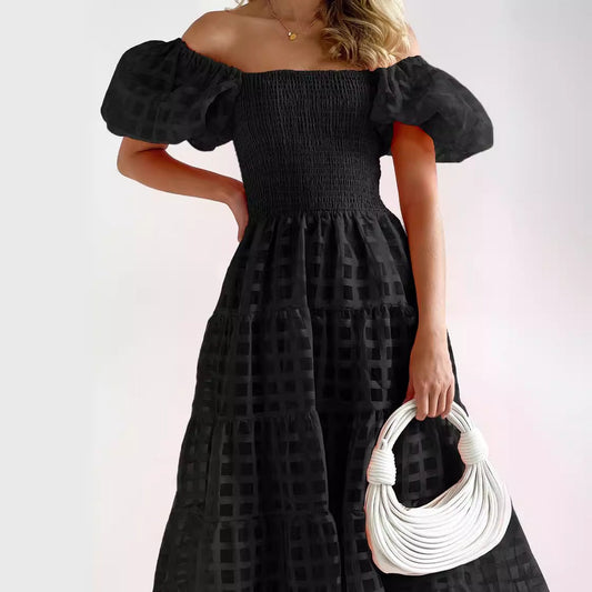 Women’s Maxi Dress – Off-Shoulder – Puff Sleeves – Smocked Waist – Tiered Skirt – Breathable Blend