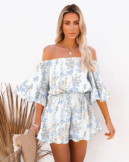 Women's Off-Shoulder Romper - Flowy Sleeves - Elastic Waist - Lightweight Casual Wear