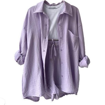 Women’s Two-Piece Set – Crinkled Shirt with Classic Collar – High-Waisted Drawstring Shorts