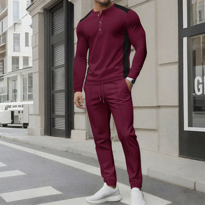 Men’s Tracksuit Set – Slim Fit – Long Sleeve Henley Top – Tapered Jogger Bottoms