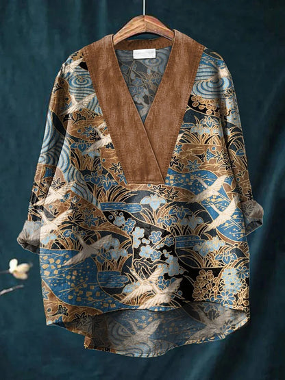 Women’s Long Sleeve Shirt – Relaxed Fit – V-Neck – Digital Print
