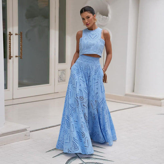 Women’s Two-Piece Set – Sleeveless Cropped Top – Flared High Waist Skirt – Broderie Detail
