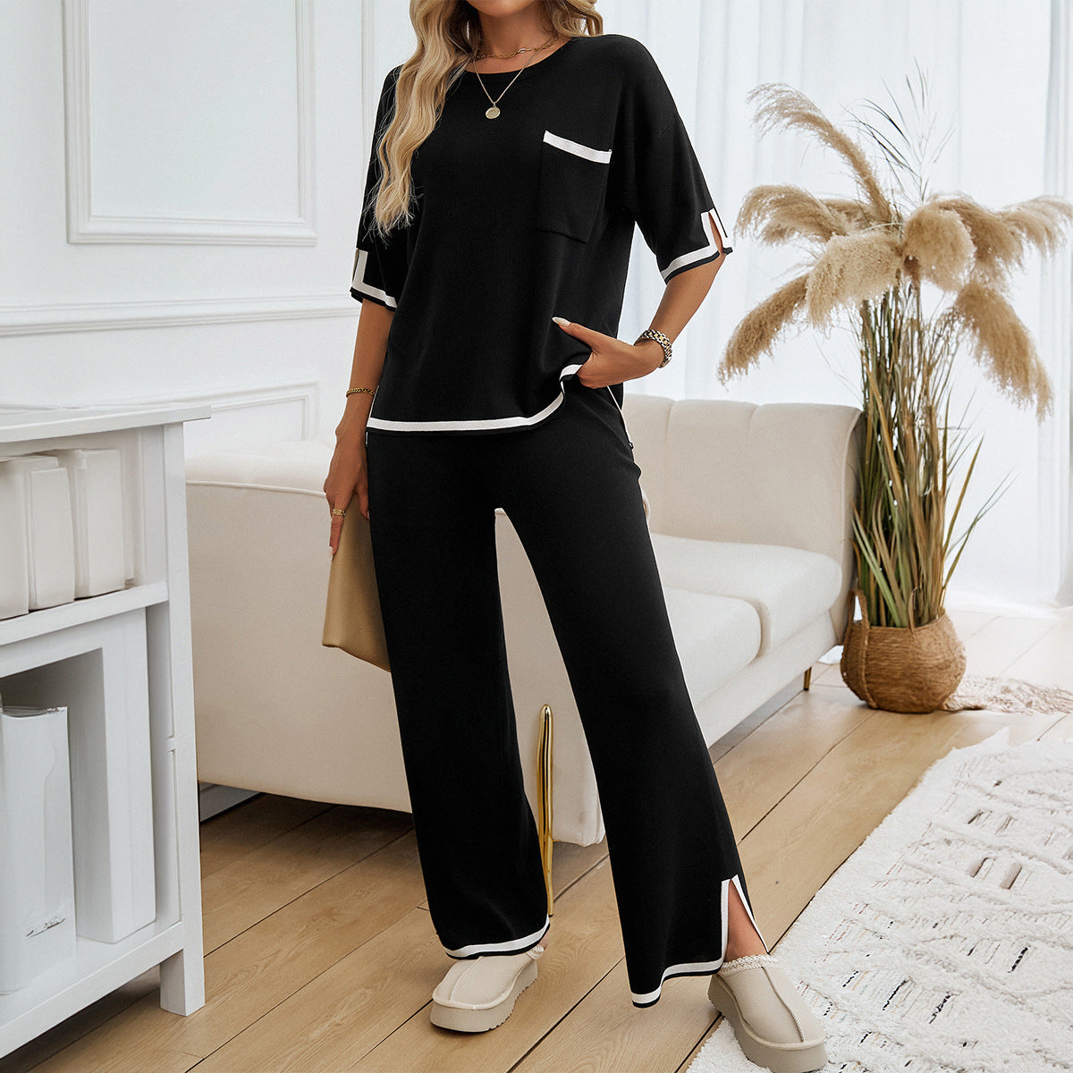 Women’s Lounge Set – Soft Knit – Relaxed Fit – Wide-Leg Pants – Contrast Trim
