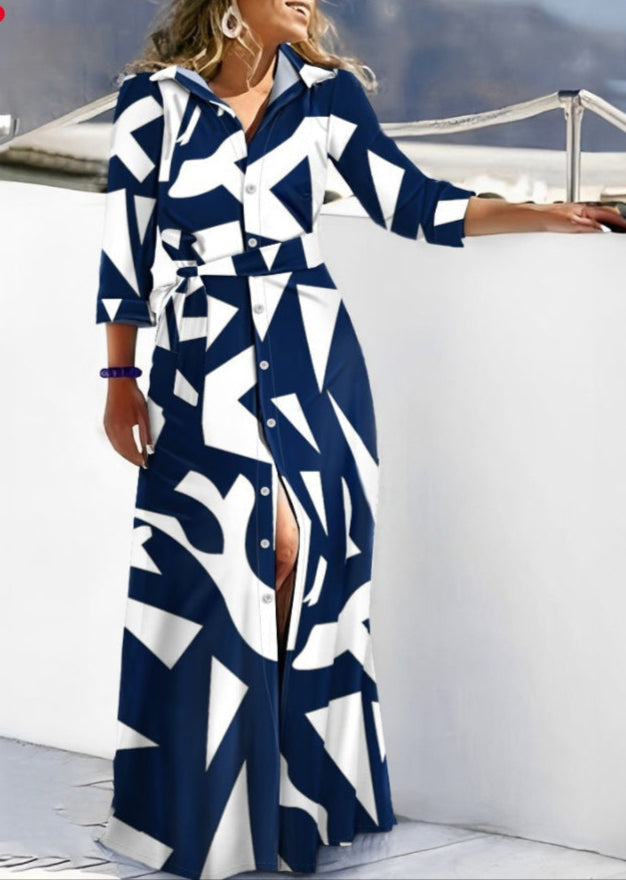 Women’s Shirt Dress – Relaxed Fit – Abstract Print – Long Sleeve – Belted Waist