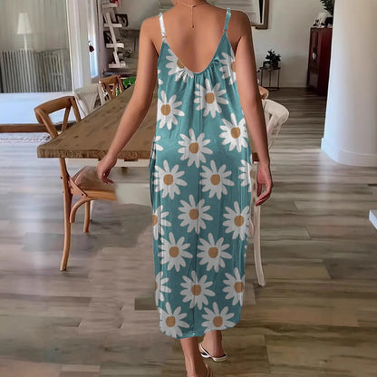 Women’s Maxi Dress – Relaxed Fit – Spaghetti Straps – Floral Print – Breathable Blend