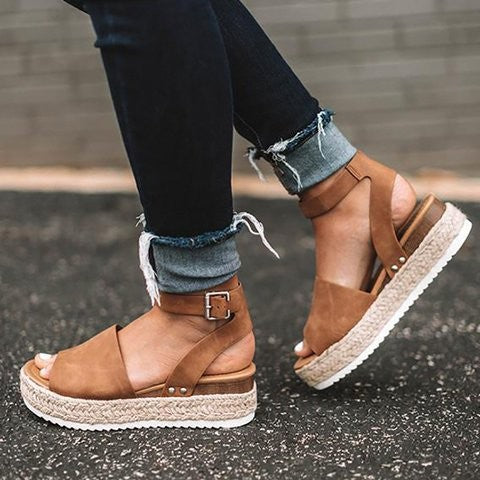 Women’s Wedge Sandals – Platform Sole – Jute Wrapped Heel – Ankle Strap – Cushioned Footbed