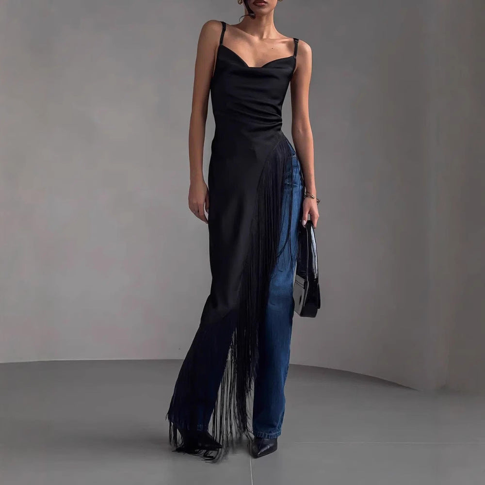Women’s Sleeveless Top – Luxury Fabric – Slim Fit – Deep V-Neck – Draped Fringe Hem