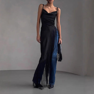 Women’s Sleeveless Top – Luxury Fabric – Slim Fit – Deep V-Neck – Draped Fringe Hem