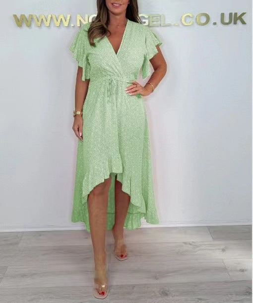 Women’s Wrap Dress – High-Low Hem – Ruffled Sleeves – Adjustable Waist – Luxury Fabric