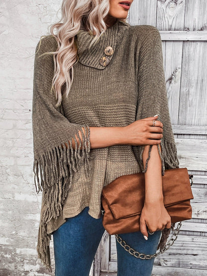 Women’s Knitted Poncho – Wool Blend Knit – Oversized Fit – Lapel Neck with Fringe Hem