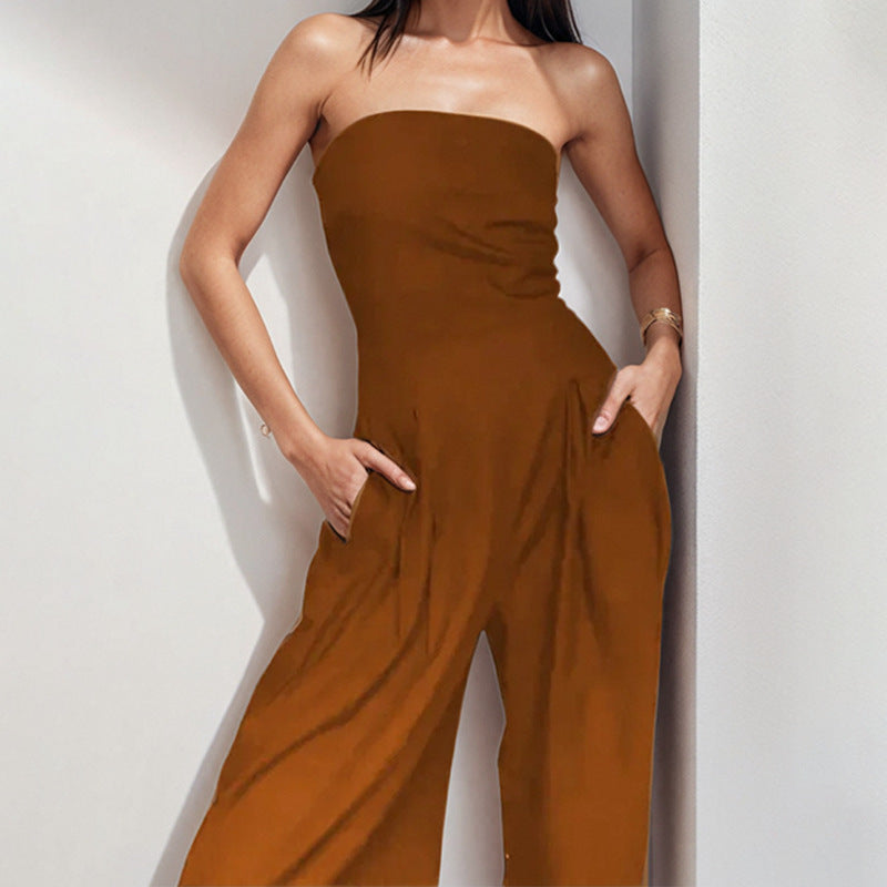 Women’s Strapless Jumpsuit – Satin Feel – Tailored Bodice – Wide Leg Elegant Fit