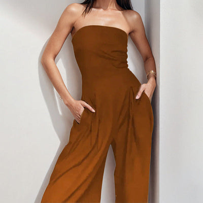 Women’s Strapless Jumpsuit – Satin Feel – Tailored Bodice – Wide Leg Elegant Fit
