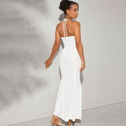 Women’s Halter Neck Gown – Slim Fit – Crochet Detail – Fishtail Hem – Keyhole Bodice