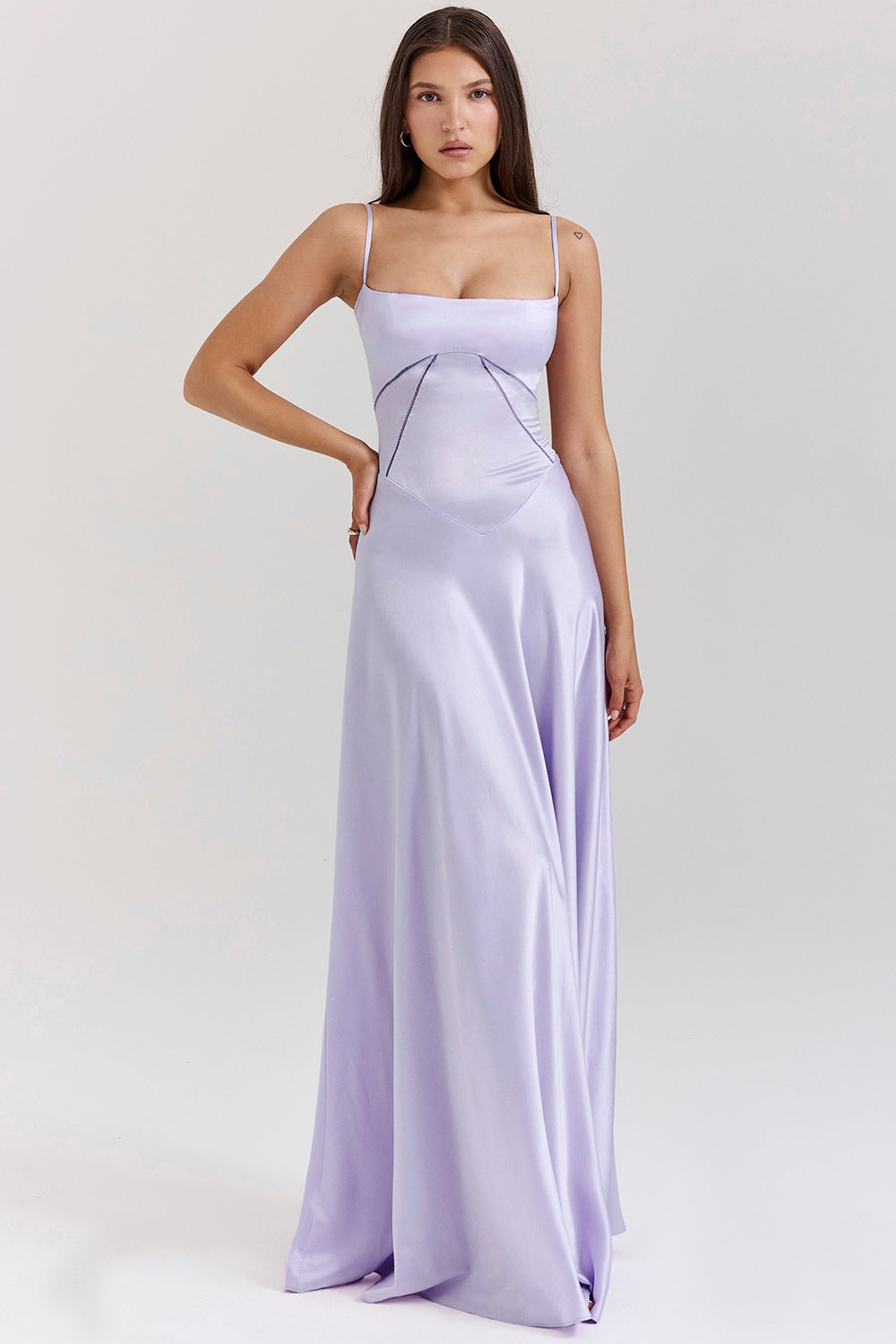 Women’s Evening Gown – Satin A-Line – Spaghetti Straps – Cut-Out Waist – Full Length