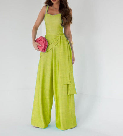 Women’s Jumpsuit – Wide Leg – Sleeveless – Adjustable Waist – Linen Blend – Full Length
