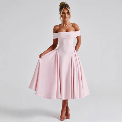 Women’s Midi Dress – Off Shoulder – A-Line Fit – Elegant Formal Evening Wear