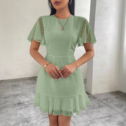 Women’s Mini Dress – Jacquard Dot – A-Line Fit – Flutter Sleeve – Ruffle Hem