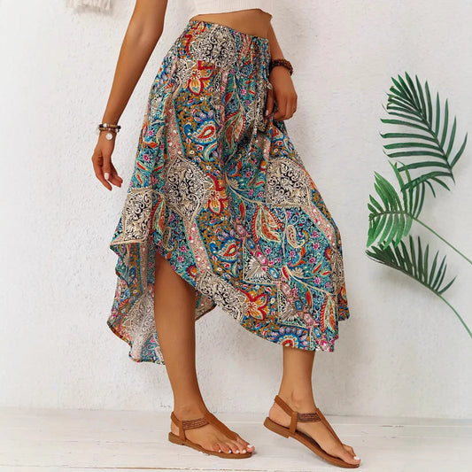 Women’s Long Skirt – Flowing A-Line – Exotic Print – Drawstring Waist – Asymmetric Hem