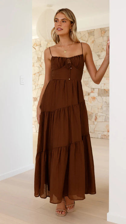 Women’s Maxi Dress – Breathable Cotton Blend – Tiered Flow Fit – Spaghetti Straps