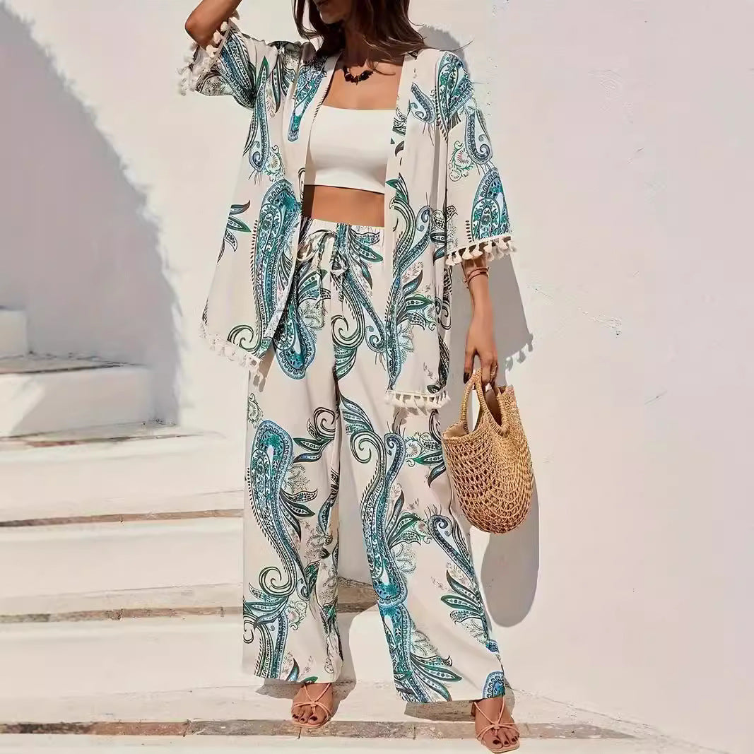 Women’s Kimono Set – Wide Leg Trousers – Tassel Hem – Paisley Print – Relaxed Fit