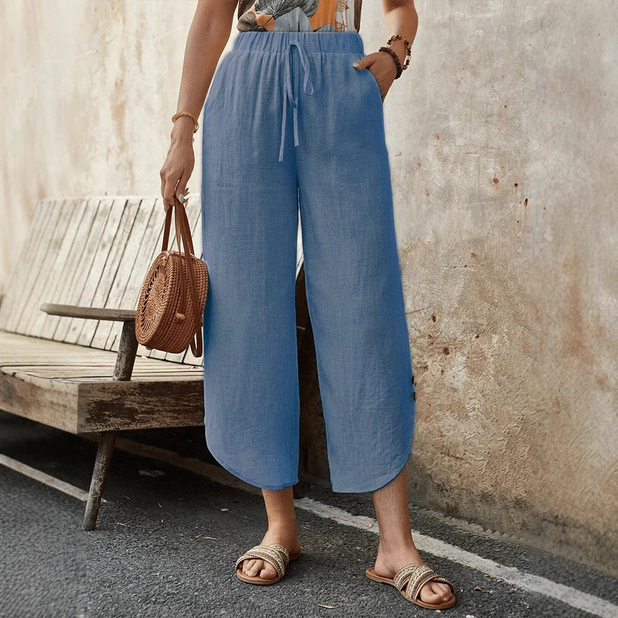 Women’s Cropped Trousers – Cotton Linen Blend – High Waist – Wide Leg – Drawstring Waist