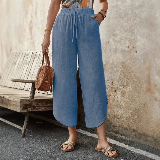 Women’s Cropped Trousers – Cotton Linen Blend – High Waist – Wide Leg – Drawstring Waist