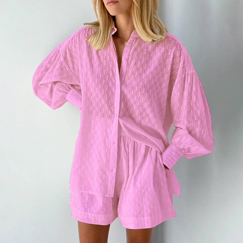 Women’s Blouse and Shorts Set – Jacquard Fabric – Relaxed Fit – Puff Sleeves – Elastic Waist