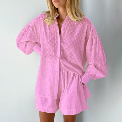 Women’s Blouse and Shorts Set – Jacquard Fabric – Relaxed Fit – Puff Sleeves – Elastic Waist