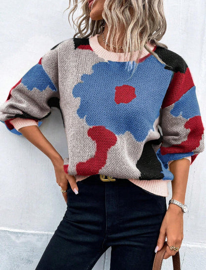 Women’s Pullover Sweater – Knit Fabric – Relaxed Fit – Round Neck – Balloon Sleeves – Patterned